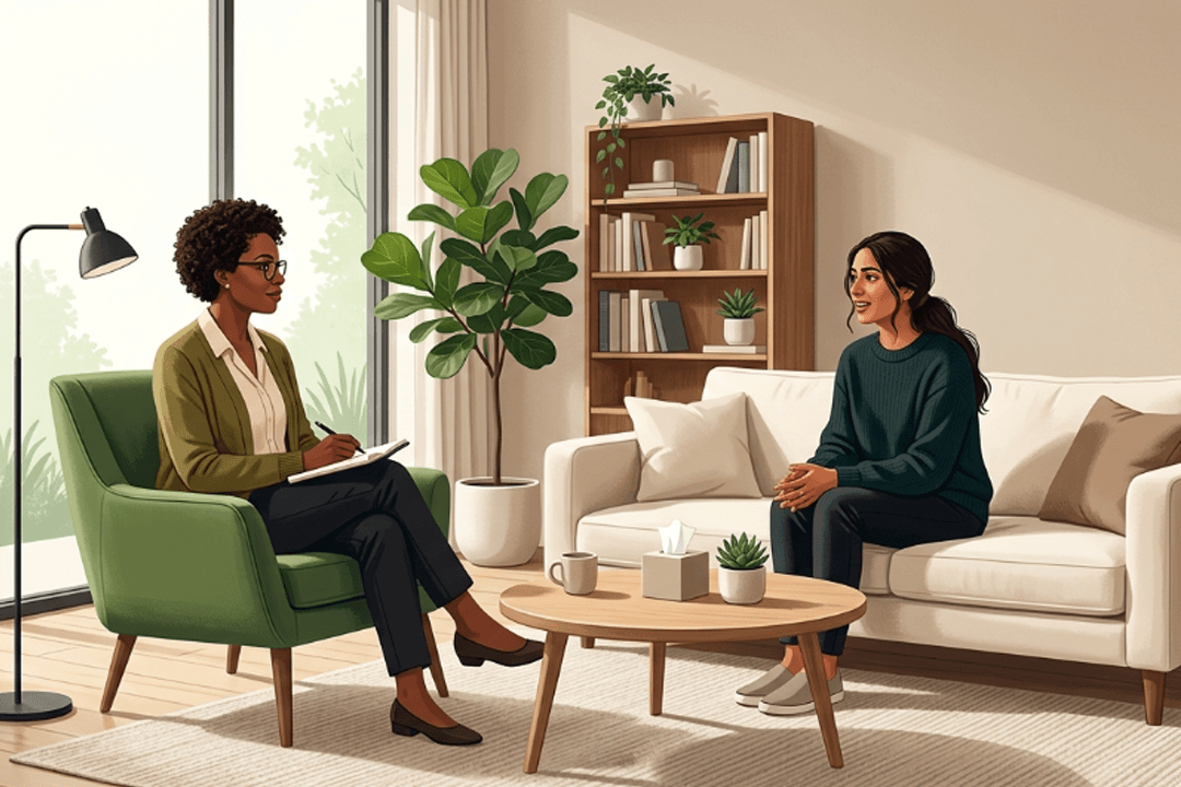 BIPOC therapist taking notes during a therapy session with a client in a calm, plant-filled office