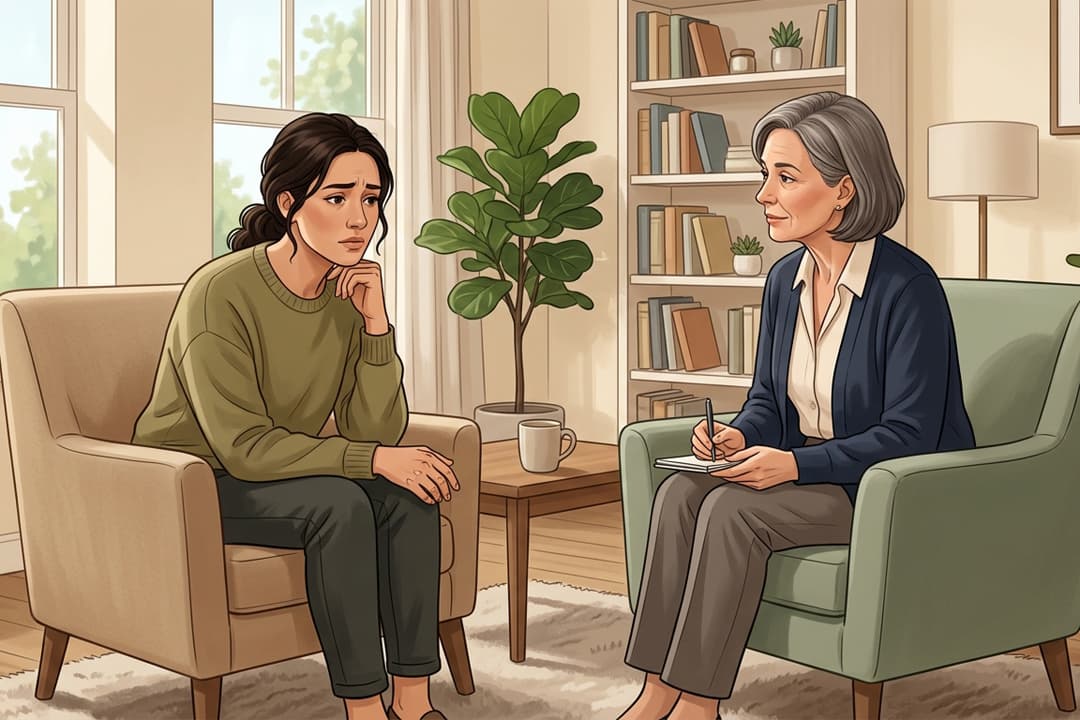 Distressed woman resting her chin on her hand while a therapist takes notes during a one-on-one session in a bright, book-lined office