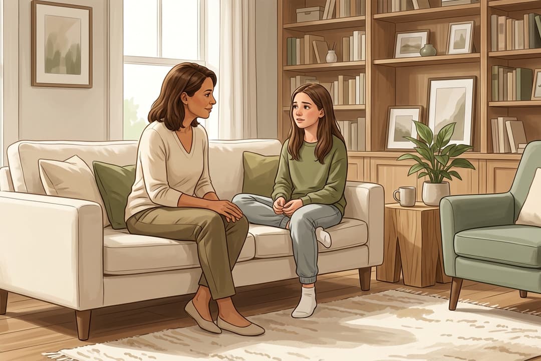 Mother and teenage daughter sitting together on a sofa and talking in a warm, book-lined room