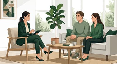 Therapist facilitating a session with a couple seated together on a couch