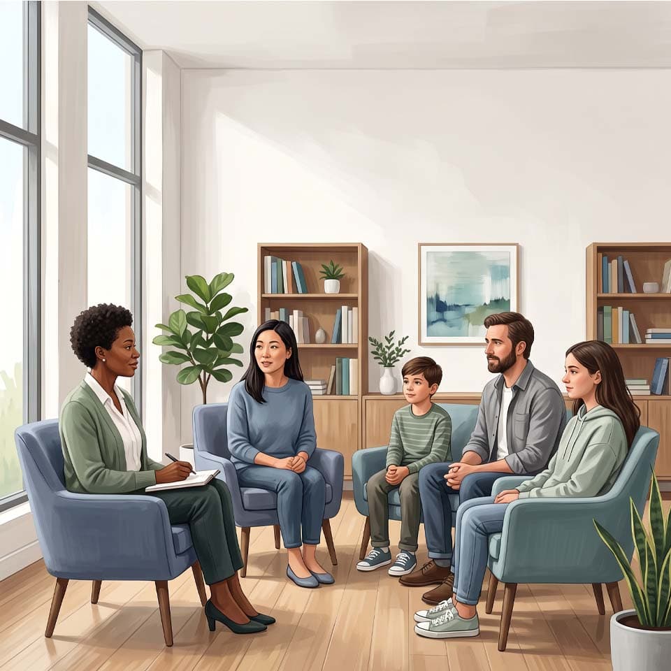 Family therapy — a diverse family group in a warm, supportive setting
