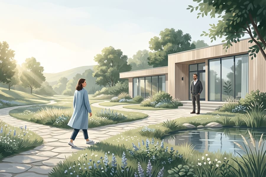 A client walking a peaceful garden path toward a welcoming therapist outside a modern counselling office, representing the personalized path to healing at Healing Meadows Counselling
