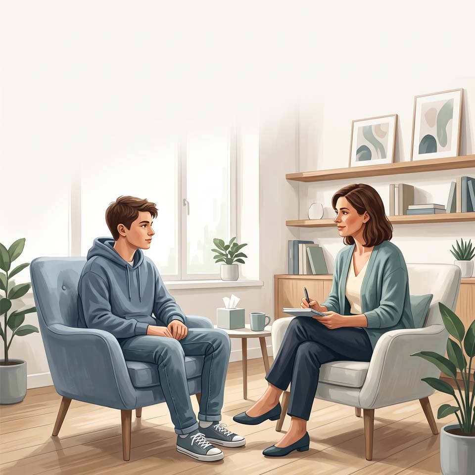 Youth therapy — a young person in a thoughtful, supportive environment