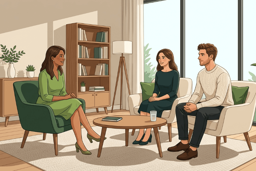 Therapist in conversation with two clients during a therapy session in a bright, plant-filled office