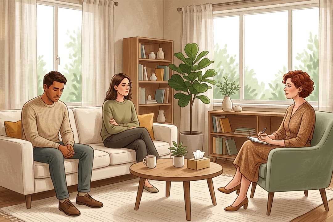Couple sitting apart on a sofa, one looking down and the other with arms crossed, while a therapist takes notes in a bright, plant-filled office