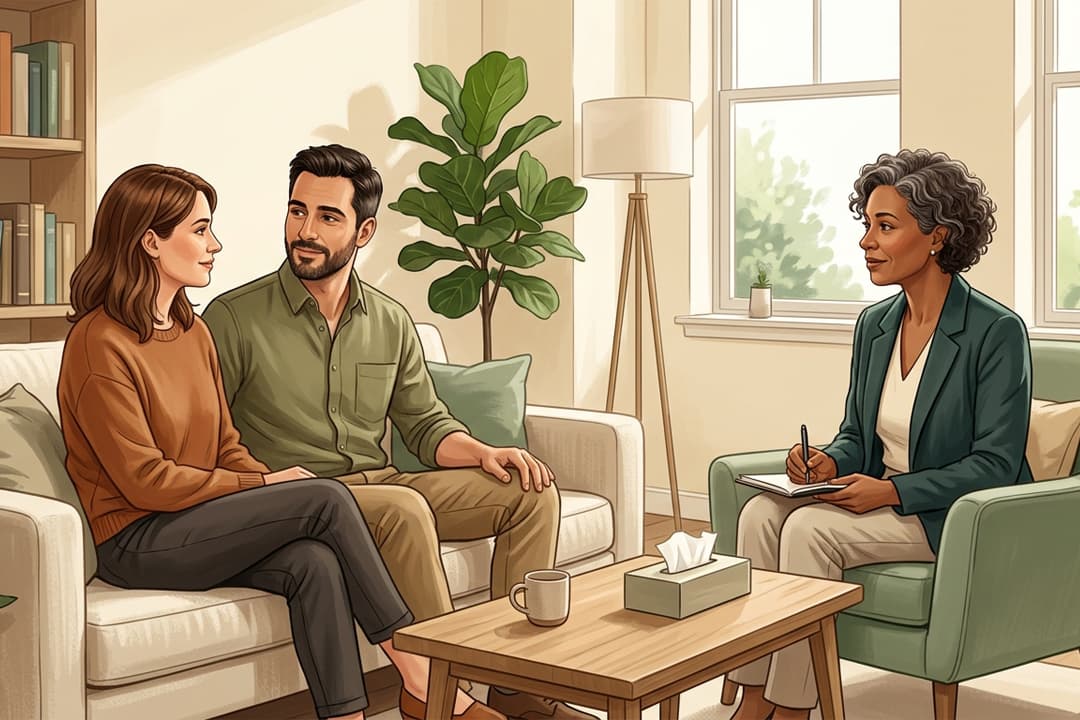 Couple sitting close together on a sofa, turned toward a therapist who listens and takes notes in a softly lit, plant-filled office