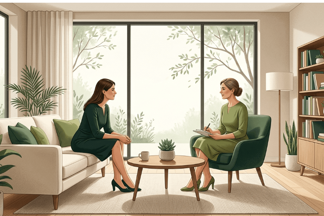 Therapist and client in conversation during a therapy session beside a large window with greenery