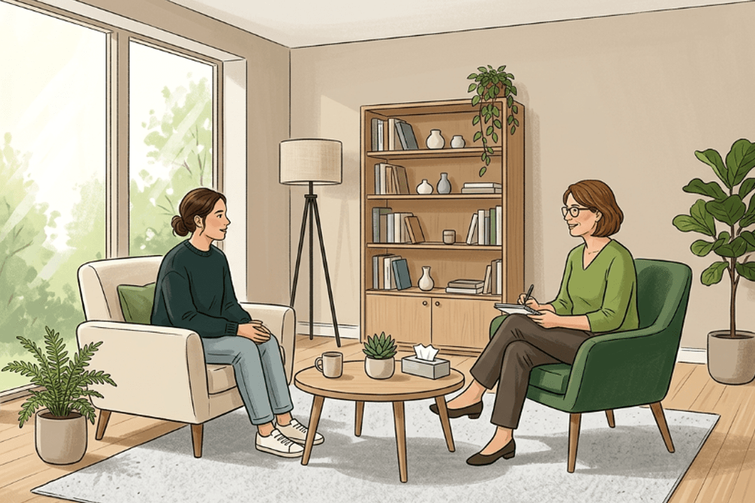 Therapist taking notes during a one-on-one therapy session with a client in a calm, sunlit office
