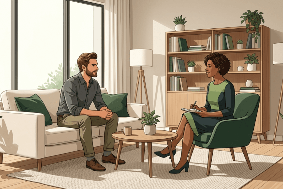 A therapist taking notes during a one-on-one counselling session with a client in a calm office setting