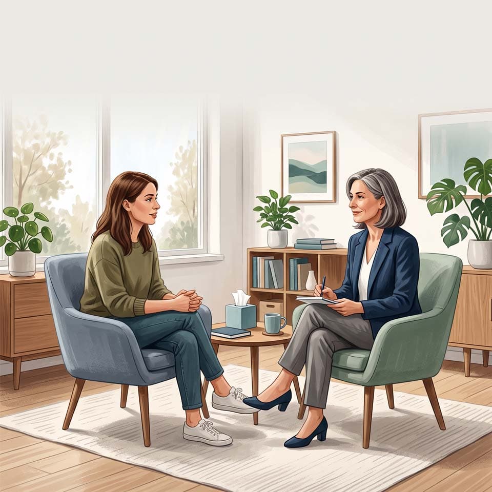 A comfortable therapy session setting representing individual psychotherapy at Healing Meadows Counselling